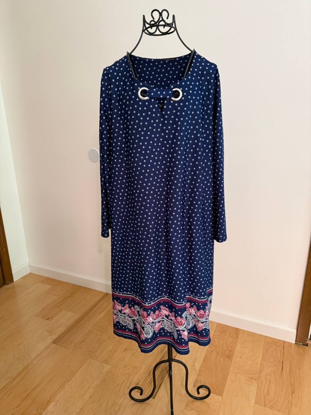 Navy Dot Border-Print Long Sleeve Dress